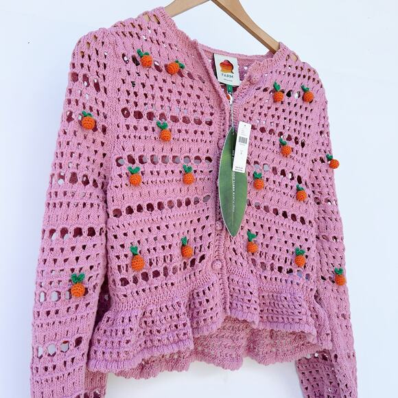 New Farm Rio Orange Tassel Crochet Cardigan Sweater Pink Boho Blouse Knit Small - Picture 5 of 12